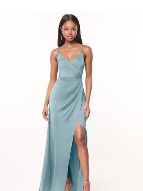 Azazie Satin V-Neck Maxi Dress (Maci) in Light Teal / Moody Blue